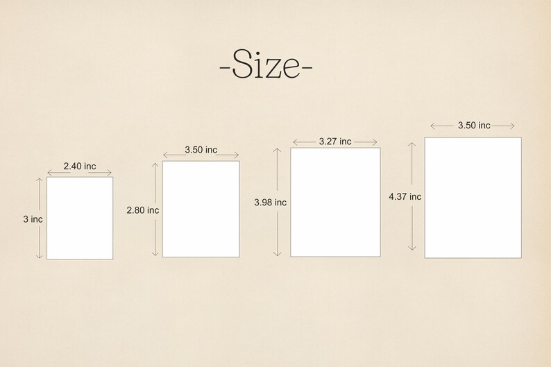 K&ouml;nnte beinhalten: Diagramm mit vier verschiedenen Gr&ouml;&szlig;en von leeren wei&szlig;en Karten mit Ma&szlig;en in Zoll. Die Karten sind von klein nach gro&szlig; angeordnet.