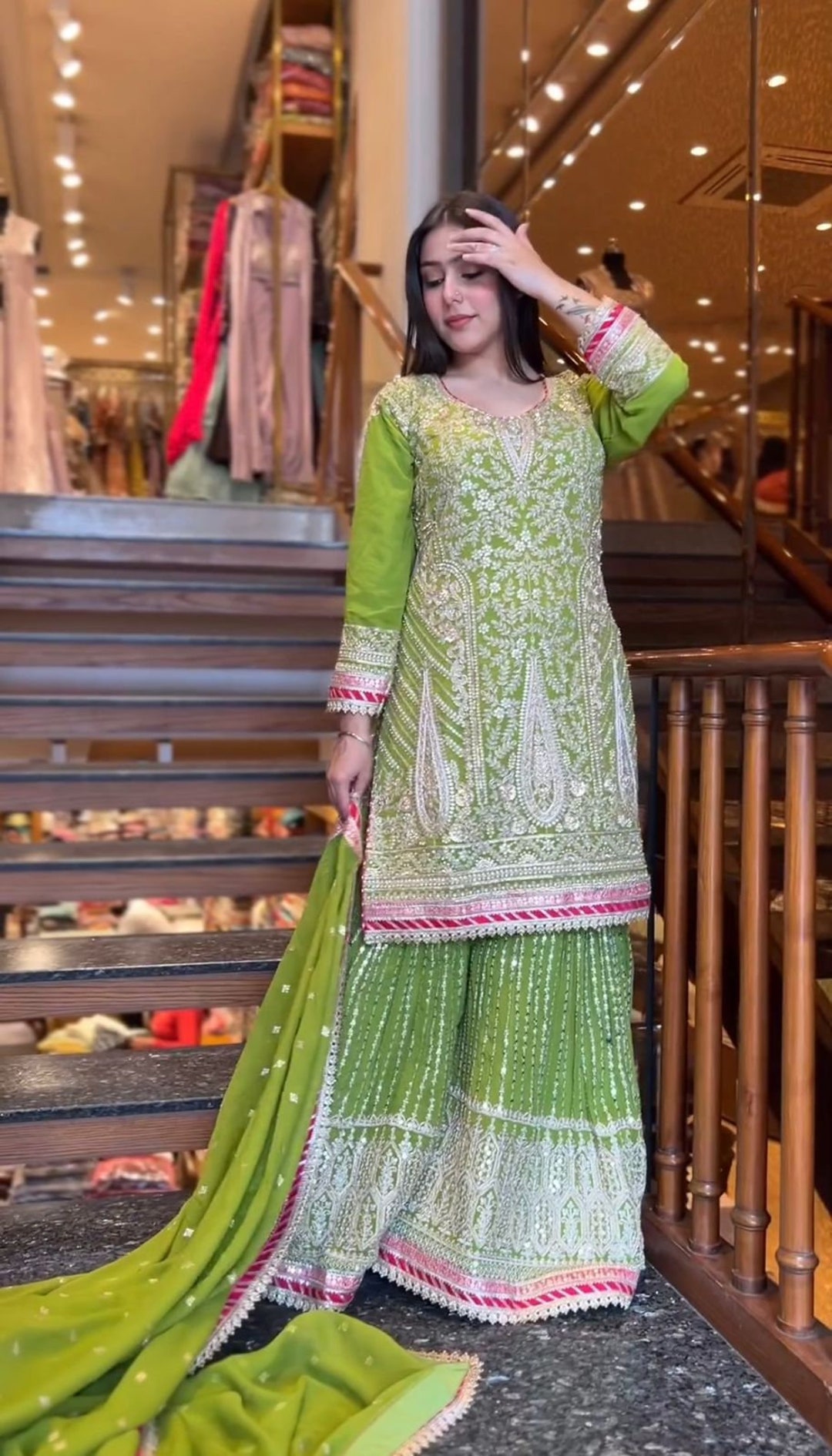 Beautiful Partywear Parrot Color Mahendi Special Kurta Sharara Set With ...