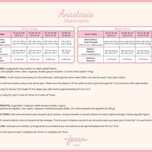 May include: A chart with instructions for sewing a dress or blouse. The chart lists the sizes, fabric requirements, elastic, zipper, and buttons needed for each size. The chart is in both English and Spanish.