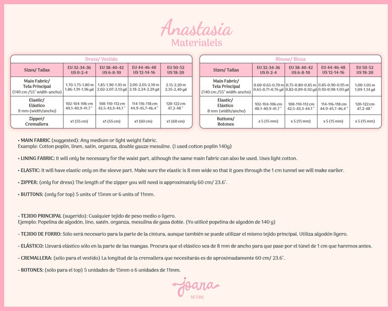 May include: A chart with instructions for sewing a dress or blouse. The chart lists the sizes, fabric requirements, elastic, zipper, and buttons needed for each size. The chart is in both English and Spanish.