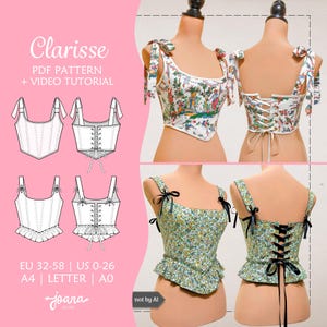Romantic Corset Sewing Pattern with Shoulder Ties, Peplum Top Pattern | 14 Sizes | PDF A4, Letter, A0 | CLARISSE Top Corset