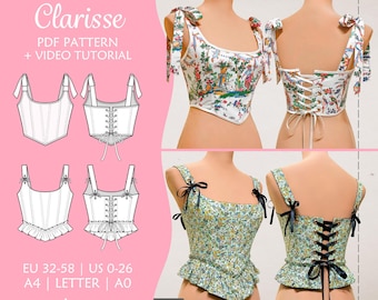 Romantic Corset Sewing Pattern with Shoulder Ties, Peplum Top Pattern | 14 Sizes | PDF A4, Letter, A0 | CLARISSE Top Corset