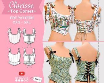 Romantic Corset Sewing Pattern with Shoulder Ties, Peplum Top Pattern | 14 Sizes | PDF A4, Letter, A0 | CLARISSE Top Corset