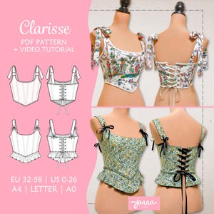 Romantic Corset Sewing Pattern with Shoulder Ties, Peplum Top Pattern | 14 Sizes | PDF A4, Letter, A0 | CLARISSE Top Corset