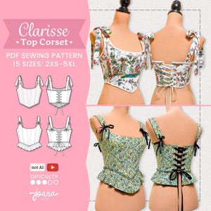 Patrón de Costura de Corset romántico con lazos en hombros, Patrón Top Peplum | 14 Tallas | PDF A4, Letter, A0 | CLARISSE Top Corset