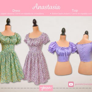 May include: Two floral print dresses and a purple crop top with puffed sleeves. The dresses have a square neckline and short sleeves. The crop top has a square neckline and a button closure in the back. The text "Anastasia" is at the top of the image.