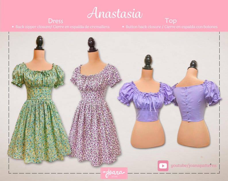 May include: Two floral print dresses and a purple crop top with puffed sleeves. The dresses have a square neckline and short sleeves. The crop top has a square neckline and a button closure in the back. The text "Anastasia" is at the top of the image.