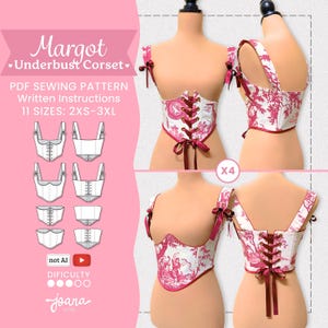 May include: A PDF sewing pattern for a Margot underbust corset, featuring 11 sizes from 2XS to 3XL. The garment is white with a pink toile de jouy print, wide shoulder straps, and a lace-up back with dark pink ribbons. Includes written instructions.