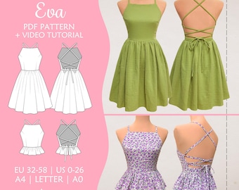 Sewing pattern for halter neck dress, open back with bow tie and peplum ruffle top | 14 sizes | PDF A4, US Letter and A0 | EVA (Dress-Top)
