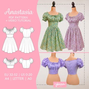 Milkmaid dress cottagecore with puffy sleeves, Pdf sewing pattern, EU 32-52 / US 0-20, Anastasia (Dress-Top)
