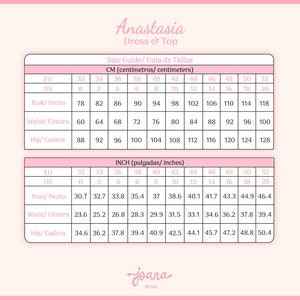 May include: Size chart for a dress and top in centimeters and inches. The chart shows sizes from 32 to 52 in both EU and US sizing. Measurements are provided for bust, waist, and hips.