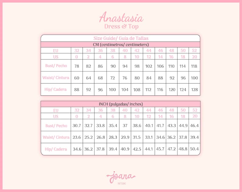 May include: Size chart for a dress and top in centimeters and inches. The chart shows sizes from 32 to 52 in both EU and US sizing. Measurements are provided for bust, waist, and hips.