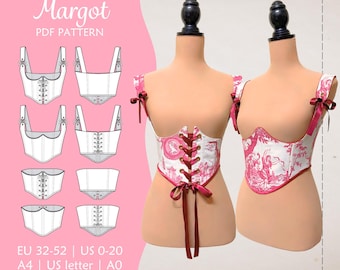 Underbust corset belt sewing pattern, front or back closure, adjustable shoulder straps | 11 Sizes | PDF A4 - LETTER - A0 | Pattern MARGOT