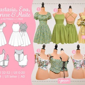 Pack 4 downloadable sewing patterns | Anastasia, Eva, Clarisse, Maite and (Brigitte free) | PDF A4-LETTER-A0