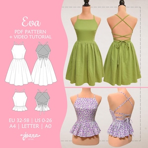 Sewing pattern for halter neck dress, open back with bow tie and peplum ruffle top | 14 sizes | PDF A4, US Letter and A0 | EVA (Dress-Top)