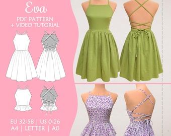 Sewing pattern for halter neck dress, open back with bow tie and peplum ruffle top | 14 sizes | PDF A4, US Letter and A0 | EVA (Dress-Top)