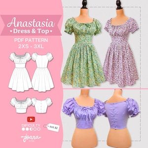 May include: Anastasia Dress & Top PDF pattern for sizes 2XS to 3XL. The image displays technical line drawings and finished garments, including a green floral dress, a purple floral dress, and a solid lavender top with puff sleeves and ties.