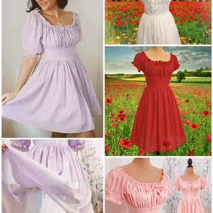 May include: Four variations of a white, pink, lavender, and red off-the-shoulder dress with a ruffled neckline and short puff sleeves. The dress has a fitted bodice and a full skirt. The dress is shown on a model and a mannequin in a field of red poppies.