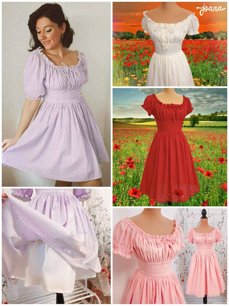 May include: Four variations of a white, pink, lavender, and red off-the-shoulder dress with a ruffled neckline and short puff sleeves. The dress has a fitted bodice and a full skirt. The dress is shown on a model and a mannequin in a field of red poppies.