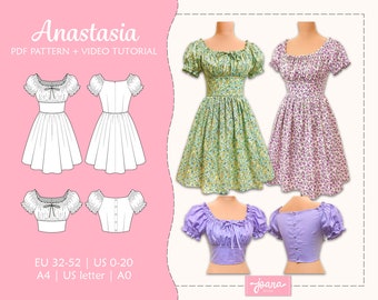 Patrón de Costura de Vestido milkmaid con mangas abullonadas estilo cottagecore, Pdf digital, EU 32-52 / US 0-20, Anastasia (Dress-Top)