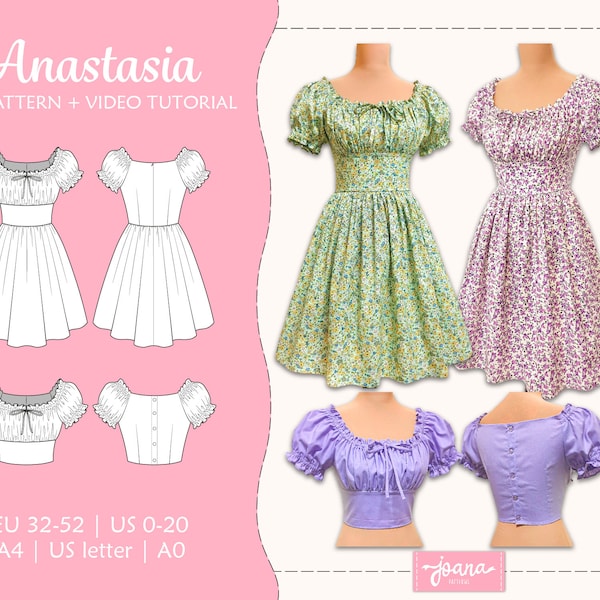 Wzór szycia sukni Cottagecore, milkmaid, Pdf, EU 32-52 US 0-20, nadruk na A4, US Letter i A0, Anastasia (dress-Top)