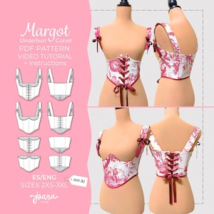 Könnte beinhalten: Margot Underbust Corset PDF-Schnittmuster, Video-Tutorial und Anleitung. Das Korsett hat einen weißen und rosafarbenen Toile-de-Jouy-Druck, Schulterträger mit Schleifen und einen Schnürverschluss am Rücken. Enthält technische Zeichnungen für Größen 2XS-3XL.