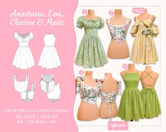 Pack 4 Patrones de costura descargables | Anastasia, Eva, Clarisse, Maite y (Brigitte gratis) | PDF A4-LETTER-A0