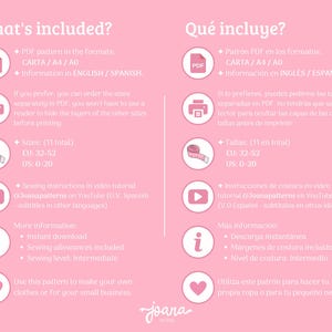 May include: A pink and white graphic with the text "What's included?" and "Qu&eacute; incluye?" in English and Spanish. The graphic lists the contents of a sewing pattern, including PDF files, sizes, sewing instructions, and more information.