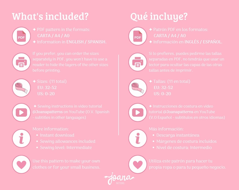 May include: A pink and white graphic with the text "What's included?" and "Qu&eacute; incluye?" in English and Spanish. The graphic lists the contents of a sewing pattern, including PDF files, sizes, sewing instructions, and more information.