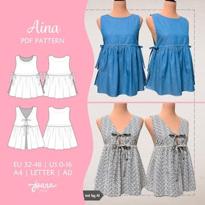 Puede incluir: Un patrón de costura en PDF titulado Aina que presenta dos diseños de tops. Uno es un top azul sin mangas con lazos laterales, y el otro es un top sin mangas con estampado en blanco y negro con lazos frontales. Incluye dibujos técnicos y tallas EU 32-48 y US 0-16.