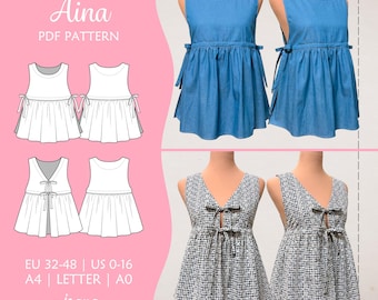 Sewing Pattern for a Vest Top with adjustable Side or Front Ties and Ruffle | EU 32-48 / US 0-16 | Download PDF: Aina Tie Top
