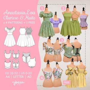 Pack 4 Patrones de costura descargables | Anastasia, Eva, Clarisse, Maite y (Brigitte gratis) | PDF A4-LETTER-A0