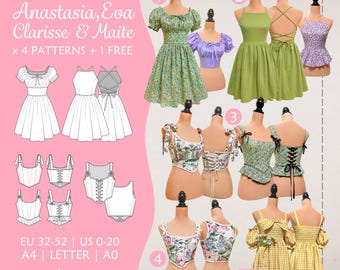Pack 4 downloadable sewing patterns | Anastasia, Eva, Clarisse, Maite and (Brigitte free) | PDF A4-LETTER-A0