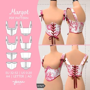 Può includere: Un cartamodello PDF Margot per un top a corsetto con stampa toile de jouy bianca e rosa. Il capo presenta spalline con fiocchi, un'allacciatura frontale o posteriore con occhielli metallici e un orlo a punta. Include disegni tecnici.