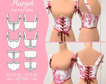 Underbust corset belt sewing pattern, front or back closure, adjustable shoulder straps | 11 Sizes | PDF A4/ LETTER/ A0 | Pattern MARGOT