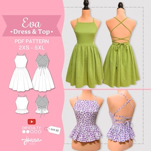 Puede incluir: Un patrón de costura para el vestido y top Eva, en tallas 2XS a 5XL. La imagen muestra un vestido verde lima sólido y un top con estampado floral morado y volante, ambos con cuello alto y tirantes cruzados en la espalda, junto a dibujos.