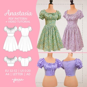 Milkmaid dress cottagecore with puffy sleeves, Pdf sewing pattern, EU 32-52 / US 0-20, Anastasia (Dress-Top)