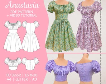 Milkmaid dress cottagecore with puffy sleeves, Pdf sewing pattern, EU 32-52 / US 0-20, Anastasia (Dress-Top)