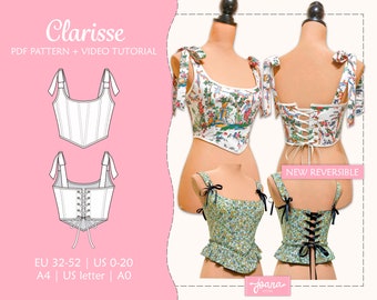 Romantic Corset Sewing Pattern with straps, adjustable lacing at back | 11 Sizes included | Pdf A4, US Letter and A0 | Clarisse Top-Corset