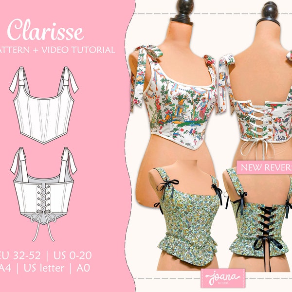 Stampo per cucire corsetto romantico con cinghie, allacciatura posteriore regolabile| 11 Sizes| Pdf A4, US Letter e A0 | Clarisse Top-Corset