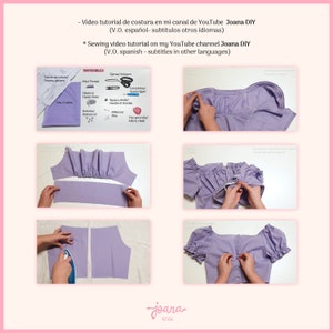 May include: A step-by-step sewing tutorial for a purple crop top with puffed sleeves. The tutorial includes images of the sewing process, from cutting the fabric to attaching the buttons. The text in the image reads "Video tutorial de costura en mi canal de YouTube Joana DIY (V.O. espa&ntilde;ol- subt&iacute;tulos otros idiomas) * Sewing video tutorial on my YouTube channel Joana DIY (V.O. spanish - subtitles in other languages)"
