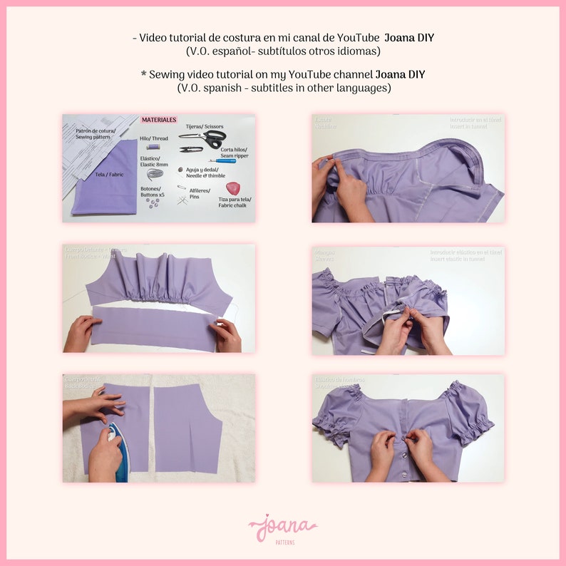 May include: A step-by-step sewing tutorial for a purple crop top with puffed sleeves. The tutorial includes images of the sewing process, from cutting the fabric to attaching the buttons. The text in the image reads "Video tutorial de costura en mi canal de YouTube Joana DIY (V.O. espa&ntilde;ol- subt&iacute;tulos otros idiomas) * Sewing video tutorial on my YouTube channel Joana DIY (V.O. spanish - subtitles in other languages)"