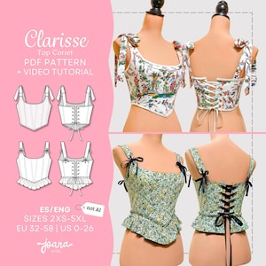 Schnittmuster für romantisches Korsett mit Schleifen an den Schultern, Peplum-Oberteil | 14 Größen | PDF A4, Letter, A0 |CLARISSE Top Corset
