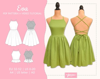 Patrón de costura de vestido cuello halter espalda abierta, Pdf, EU 32-52 US 0-20, impresión A4, US Letter y A0,  Eva (Dress-Top)