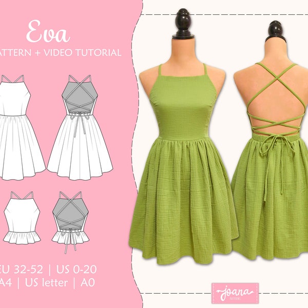 Halter mini sukienka wzór do szycia Pdf, EU 32-52 / US 0-20, druk A4, US Letter i A0, Eva (Dress-Top)