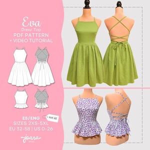 May include: A sewing pattern for the Eva dress and top, featuring a PDF pattern and video tutorial. The image displays a solid lime green dress and a purple floral print peplum top, both with a square neckline and a lace-up back design.