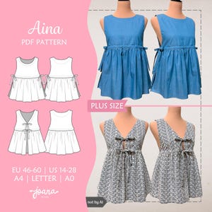 Puede incluir: Un patrón de costura digital titulado Aina PDF Pattern para tallas grandes US 14-28. La imagen muestra dibujos técnicos de tops sin mangas con lazos laterales y una versión con cuello en V, junto a fotos de tops terminados en azul y estampado.