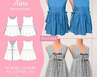Plus Size Sewing Pattern for a Vest Top with adjustable Side or Front Ties and Ruffle | EU 46-60/ US 14-28 | Download PDF Aina Tie Top
