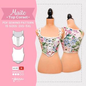 May include: A Maite Top Corset PDF sewing pattern for 15 sizes from 2XS-5XL. The image displays a floral print corset top with a front lace-up closure on a mannequin, alongside technical line drawings of the front and back of the garment.