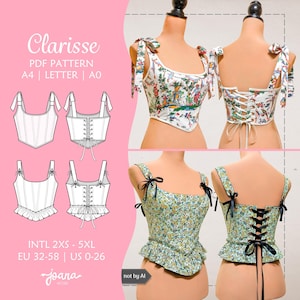 Patron de couture pour corset romantique avec lacets aux épaules, patron haut péplum | 14 tailles | PDF A4, Letter, A0 |CLARISSE Haut corset